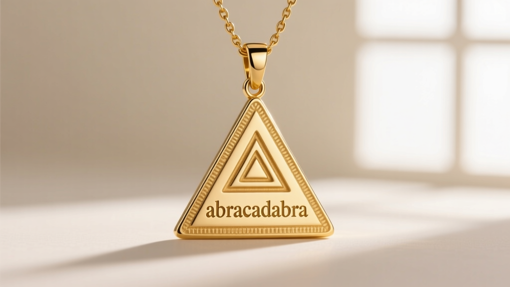 Macro view of a 14k gold abracadabra necklace pendant with diminishing triangle text on a matte finish under soft light.