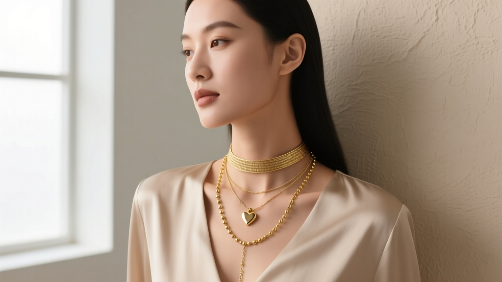 Woman wearing a layered stack featuring a 16-inch choker, an 18-inch simple heart pendant, and a 20-inch gold satellite chain.