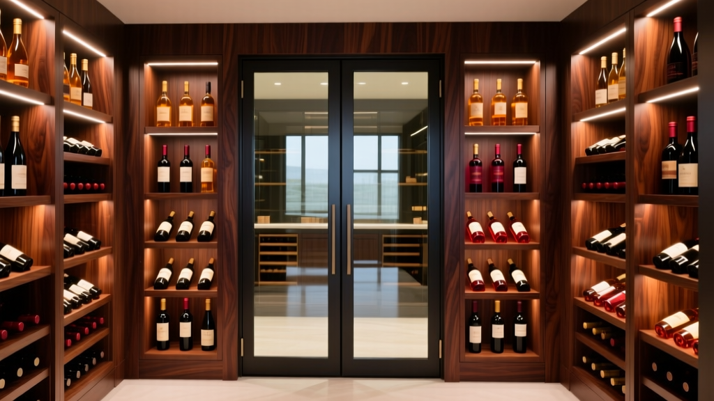 Custom mahogany wine racking installed in a climate-controlled room with dual-pane glass door and LED display lighting highlighting bottles