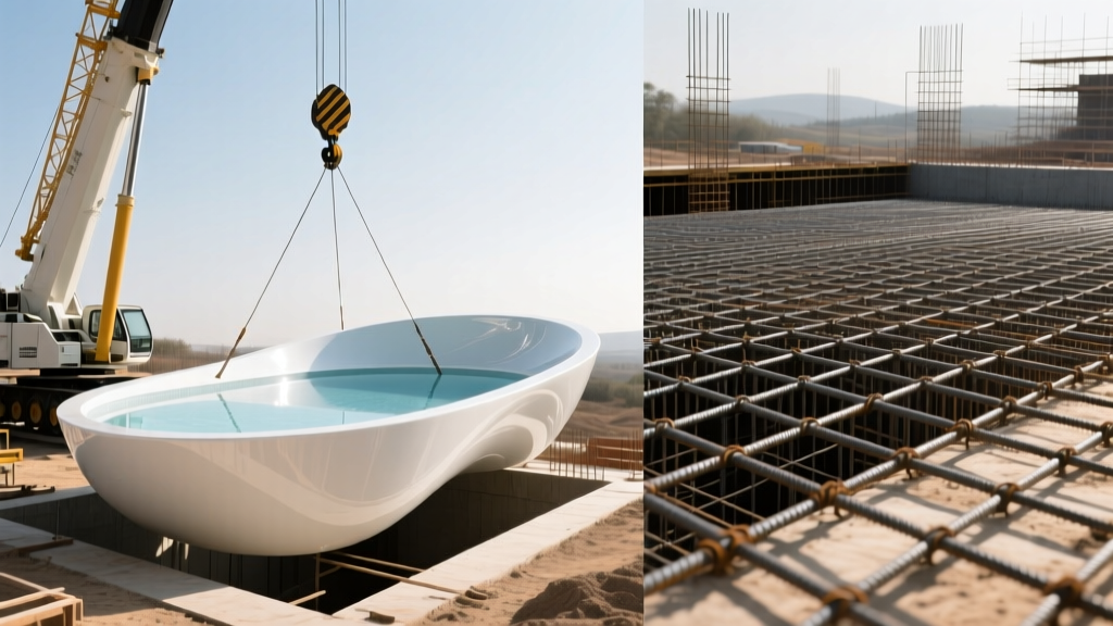 Split-view construction site showing a smooth white fiberglass pool shell being lowered by a crane next to a steel-rebar grid for a poured concrete pool