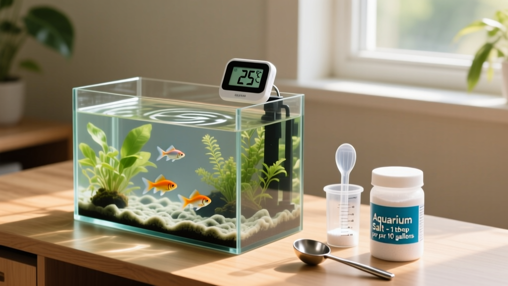 Aquarium thermometer and salt dosing kit beside a freshwater tank—illustrating key elements of the salinity-based slime disease treatment protocol