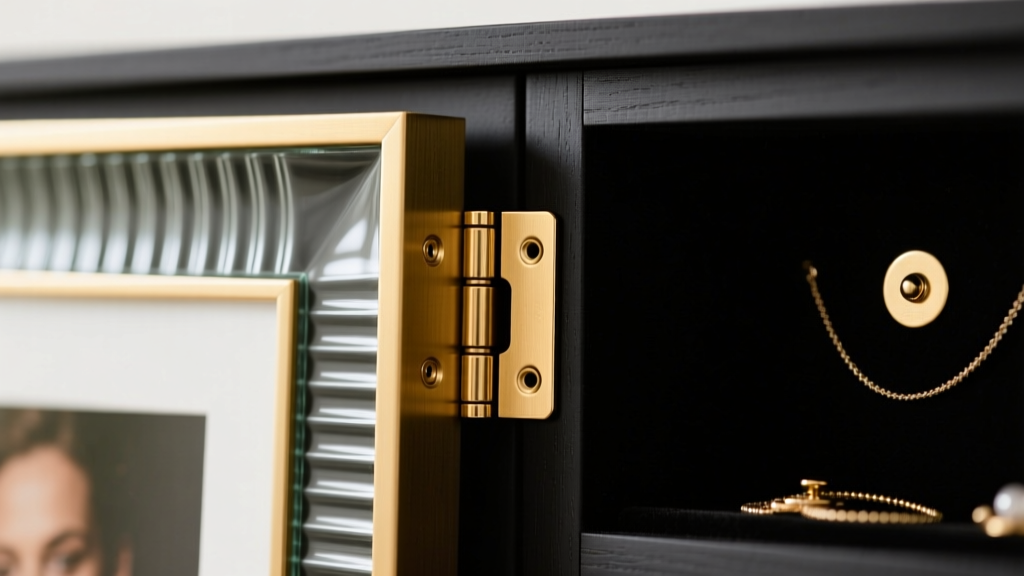 Close-up of brushed brass piano hinge connecting a fluted glass photo frame front to a matte black MDF jewelry storage backing.