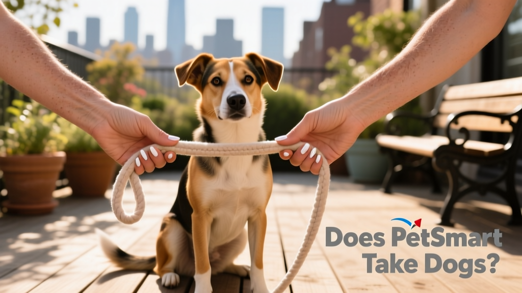 Two hands gently holding a leash as a relaxed dog sits calmly between them—symbolizing trust and transition