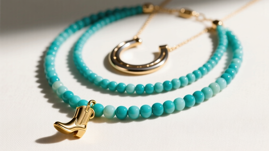 Flat lay of three layered necklaces including a small gold boot charm, a turquoise beaded choker, and a long horseshoe pendant
