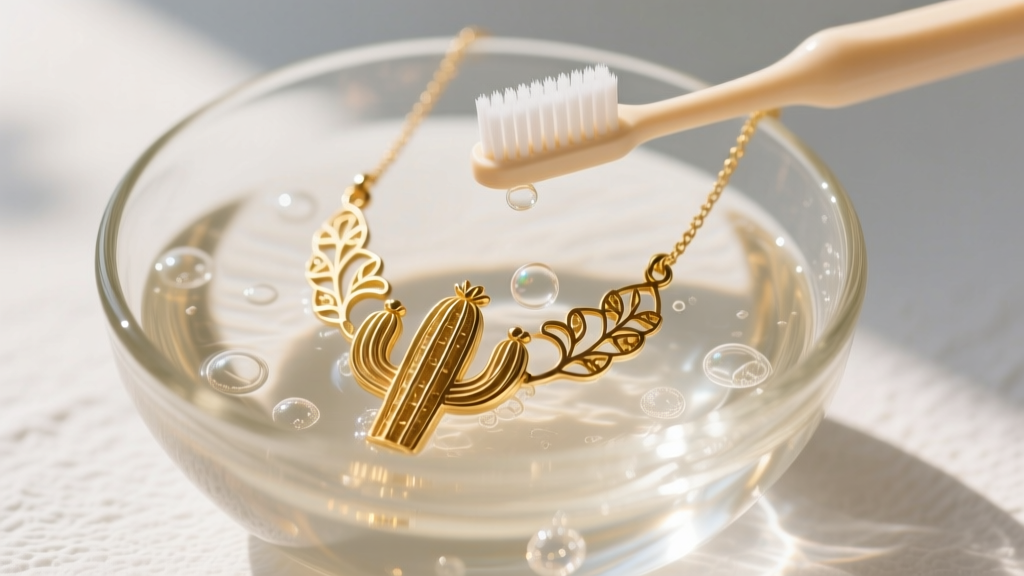 Soft baby toothbrush gently scrubbing a delicate gold cactus necklace submerged in a glass bowl of warm soapy distilled water.