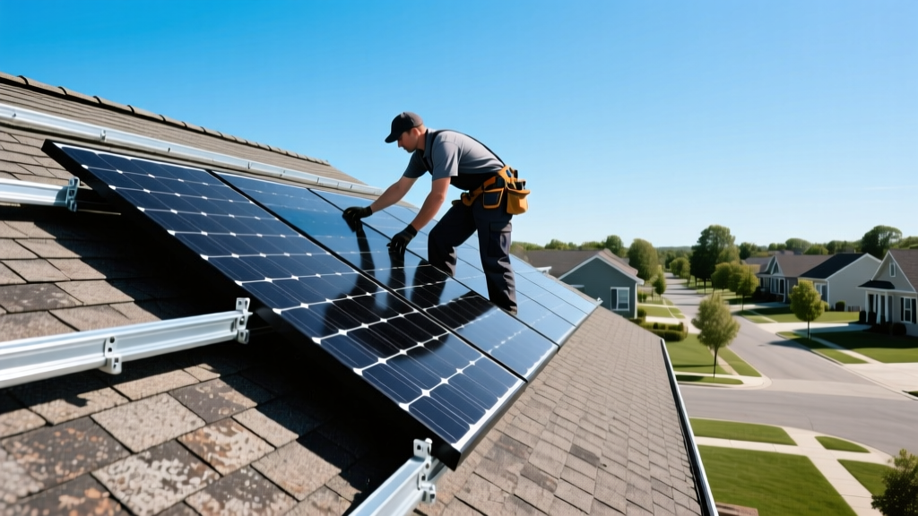 Homeowner on a pitched asphalt shingle roof securing a black monocrystalline solar panel onto aluminum racking rails under clear blue skies