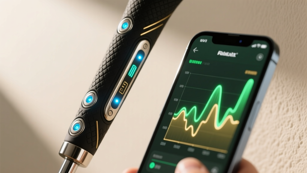Close-up of a golf club grip featuring embedded biometric sensors connected to a smartphone app showing real-time grip pressure data.