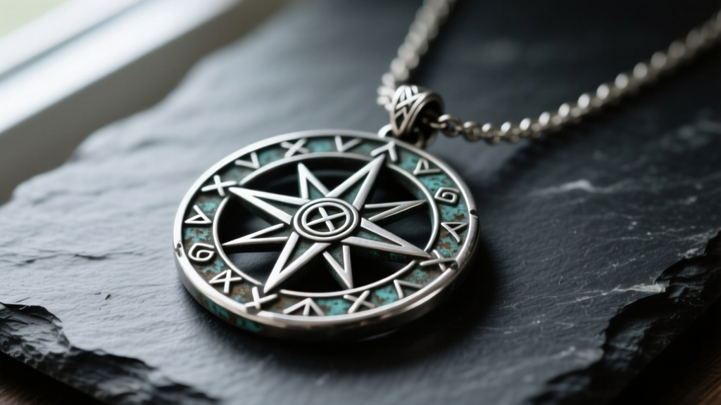 Close-up of oxidized 925 sterling silver viking compass necklace on dark slate, highlighting the intricate Vegvisir rune details.