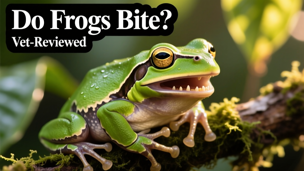 Close-up photo of a green tree frog with mouth slightly open, showing small teeth