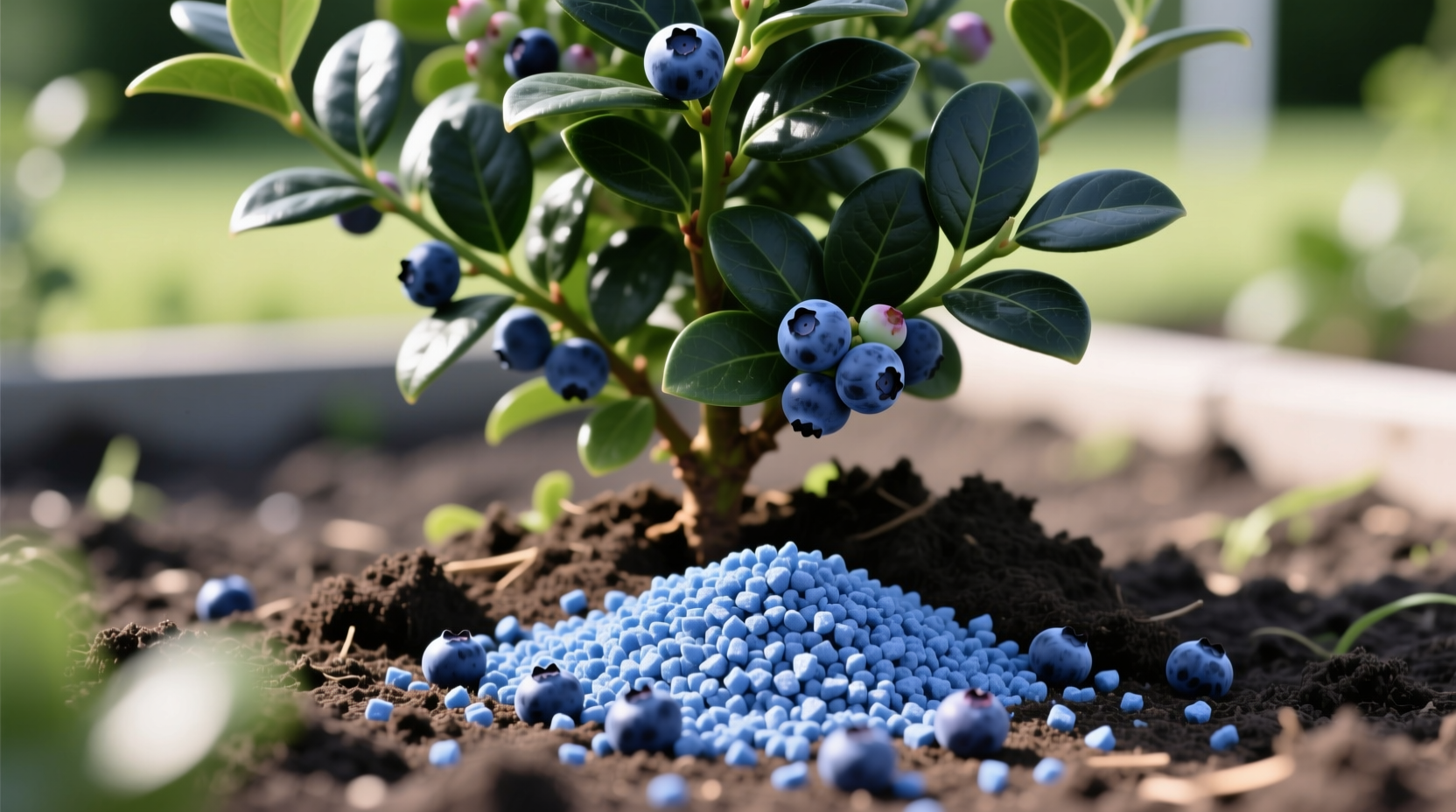 Applying granular fertilizer around base of blueberry plant