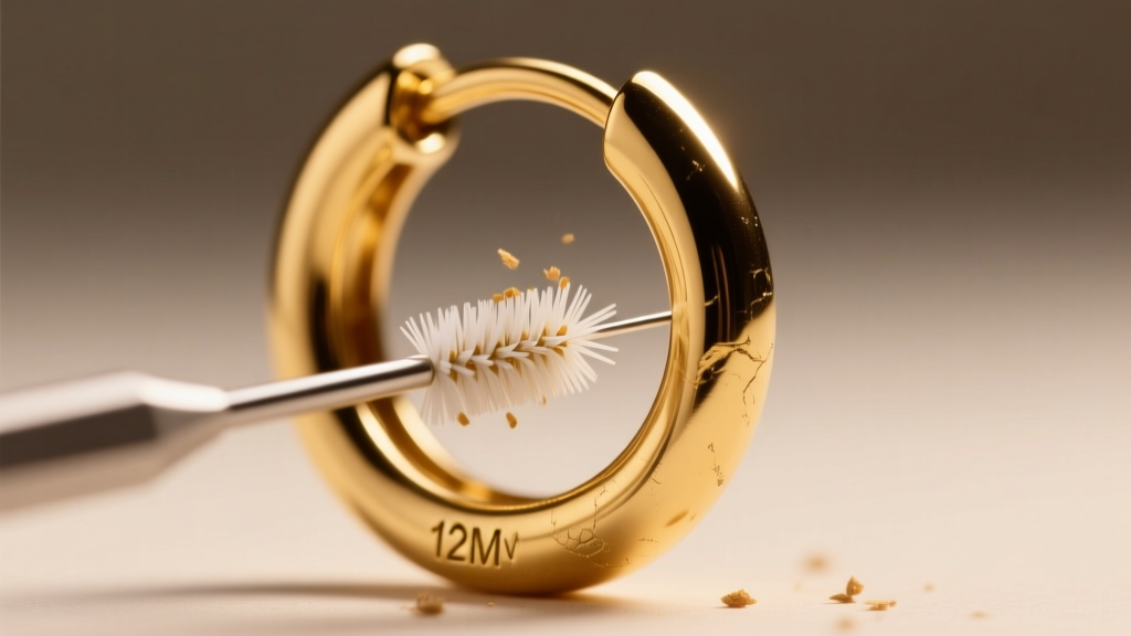 A 0.4mm interdental brush cleaning the hinge of a 12mm gold huggie earring under soft, warm directional studio lighting.