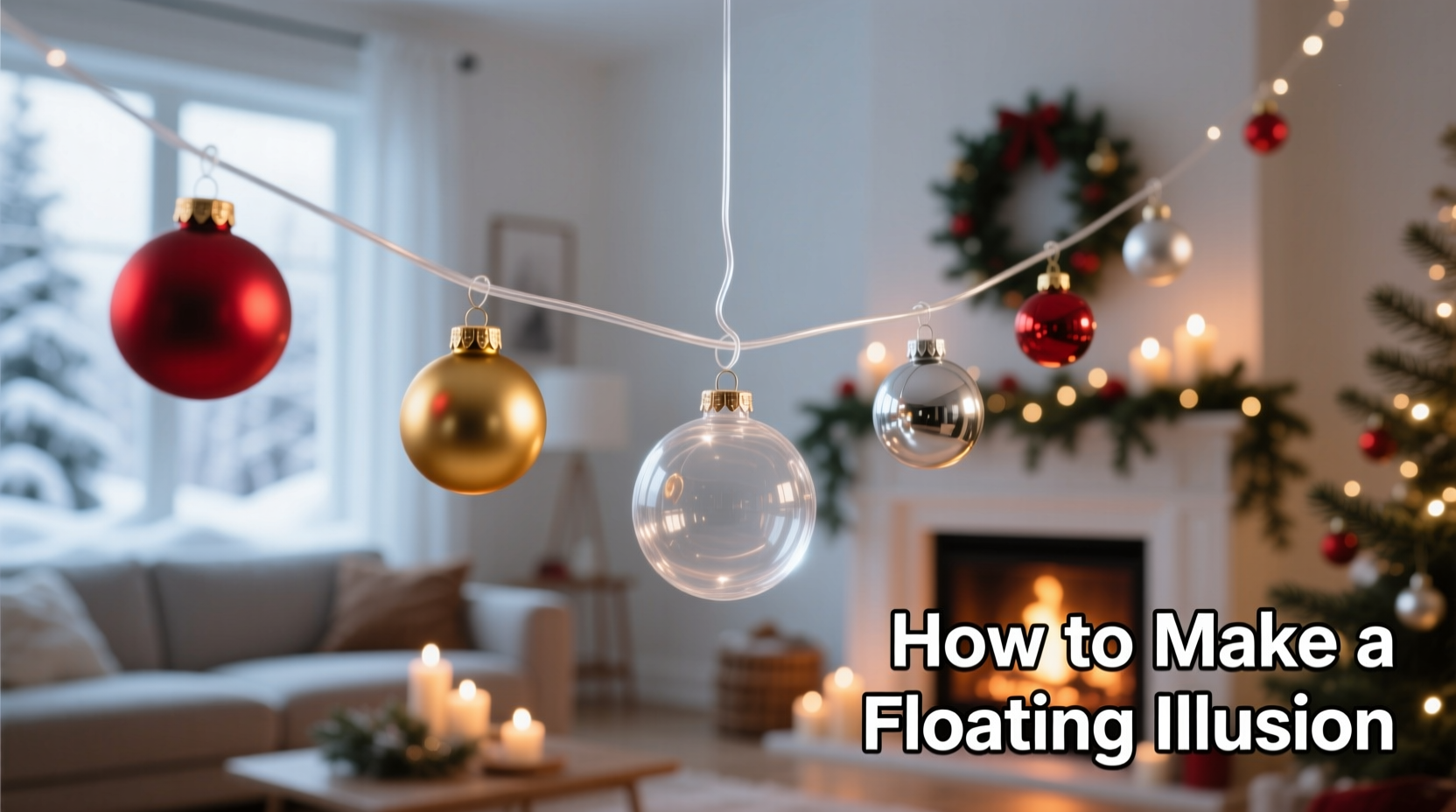 how to make a floating illusion with clear wire and christmas ornaments