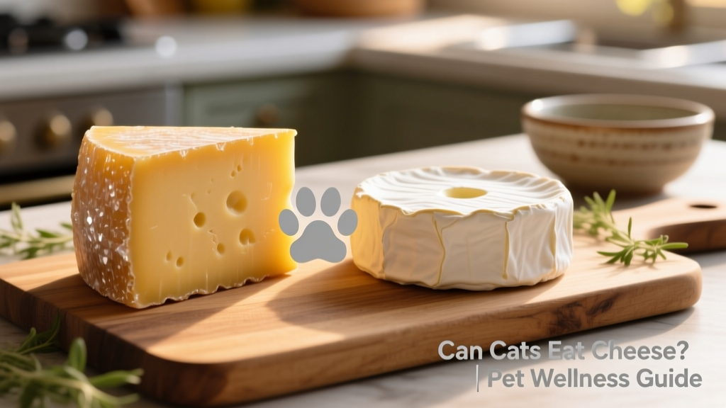Side-by-side comparison of hard aged cheese (cheddar) and soft cheese (brie), with a paw icon over the soft cheese
