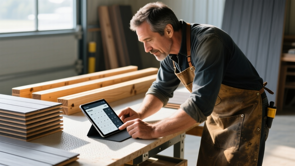 Carpenter reviewing a tablet displaying a 20x20 composite deck material calculator beside stacked composite boards and treated joists