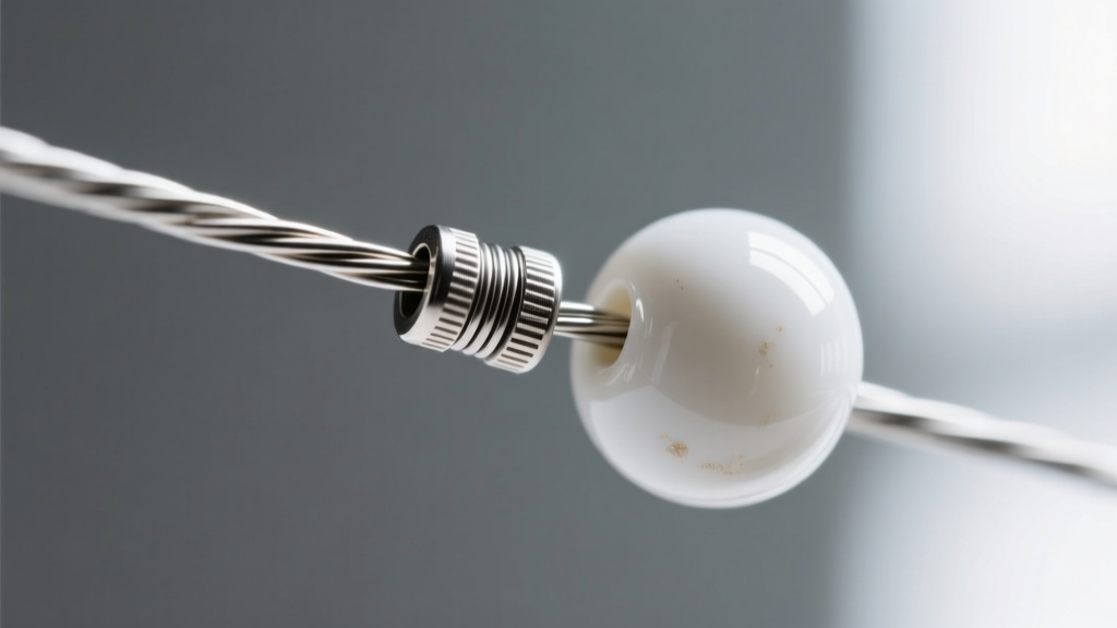 Macro shot of 0.018-inch stainless steel beading wire threaded through a crimp bead and a white ceramic bead, sharp focus detail.