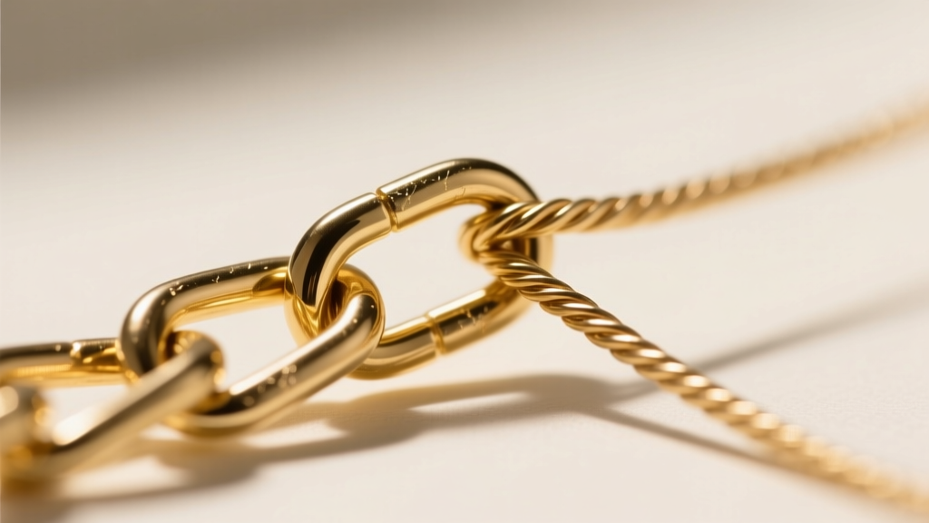Close-up macro shot of a 14k gold 3.5mm paperclip chain interlocking with a delicate 1.2mm cable chain, highlighting metal textures