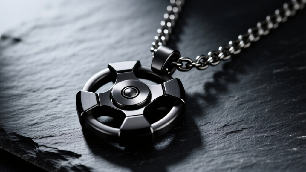 Close-up of a matte black titanium spinner pendant on a heavy box chain, resting on dark slate with soft directional lighting.