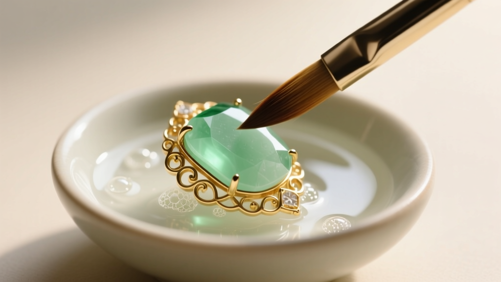 Soft brush gently scrubbing a pale green quartz gemstone set in gold near a small bowl of soapy water under soft studio lighting