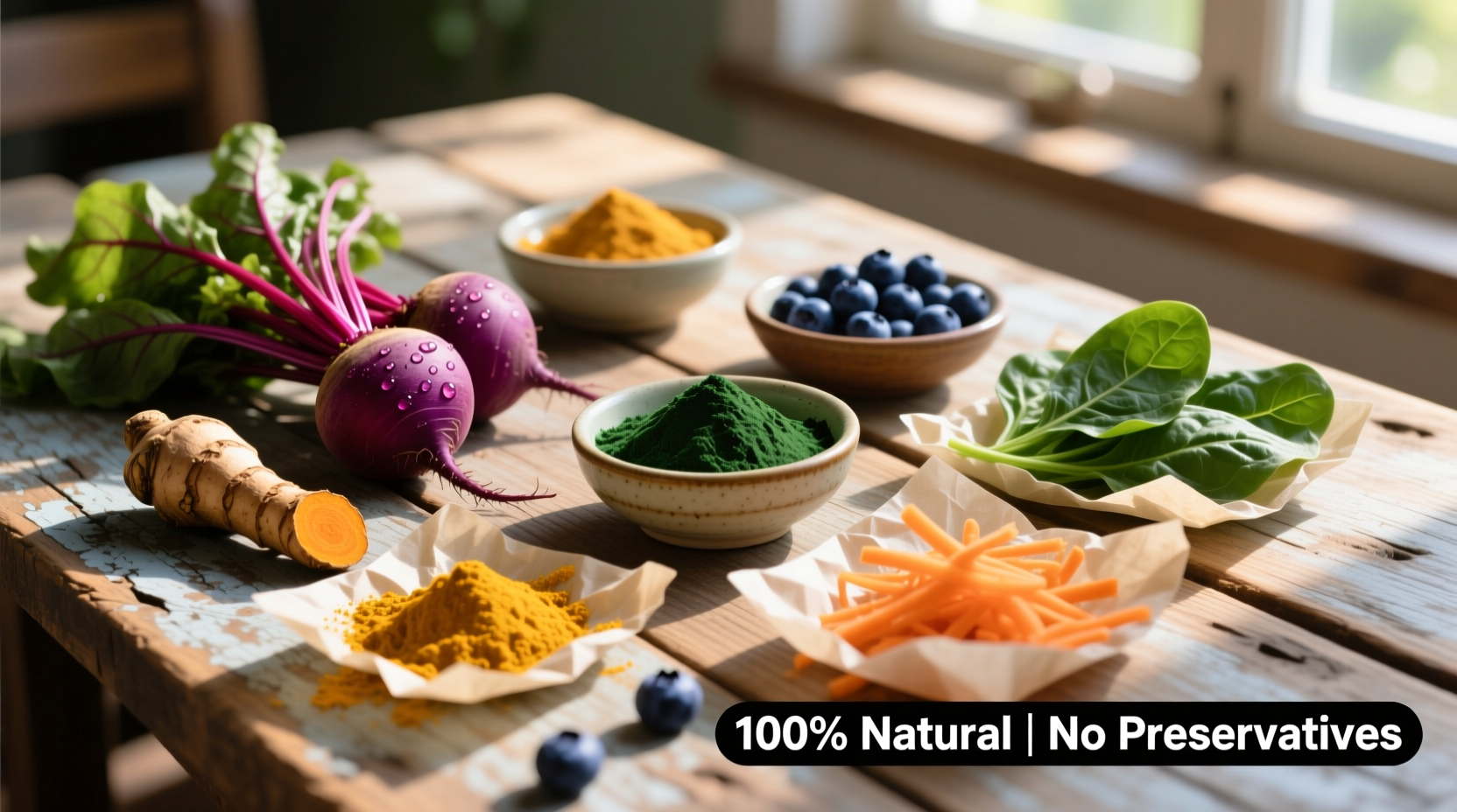 Natural food dye ingredients on wooden table