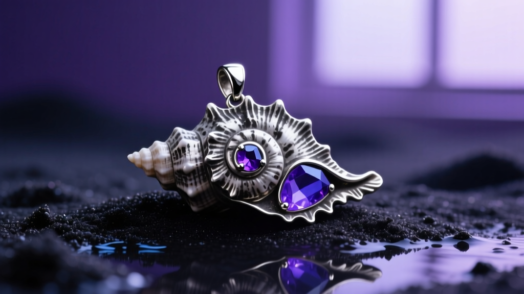 Close-up of an oxidized silver spiral seashell pendant with amethyst accents resting on wet black sand under moody purple lighting