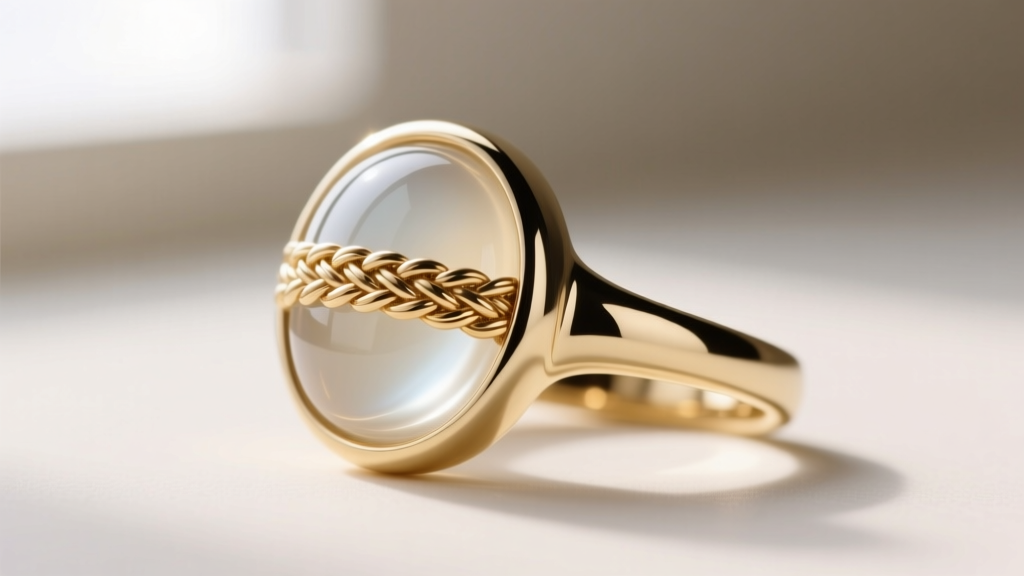 Close-up of a 14k white gold ring featuring a domed resin cabochon with a woven cord inside, lit by soft natural window light
