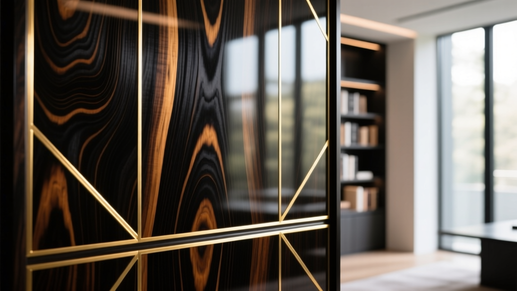 Close-up of highly figured Macassar Ebony veneer panels being installed in a luxury modern library with brass inlay accents