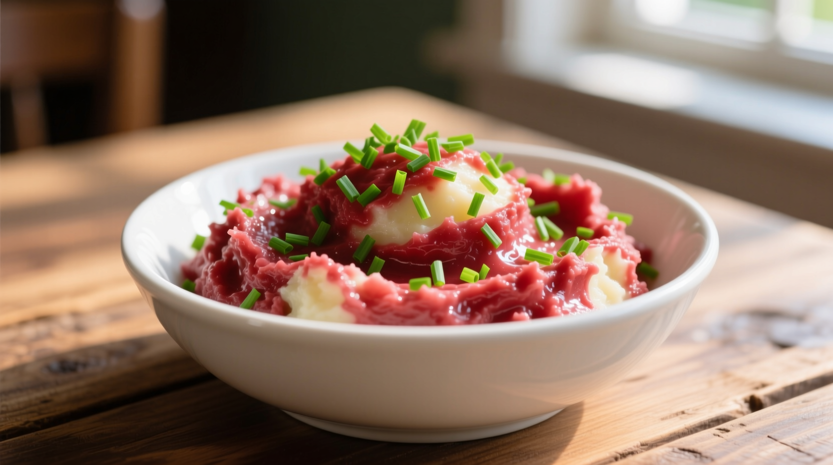 Creamy red mashed potatoes in white bowl with chives