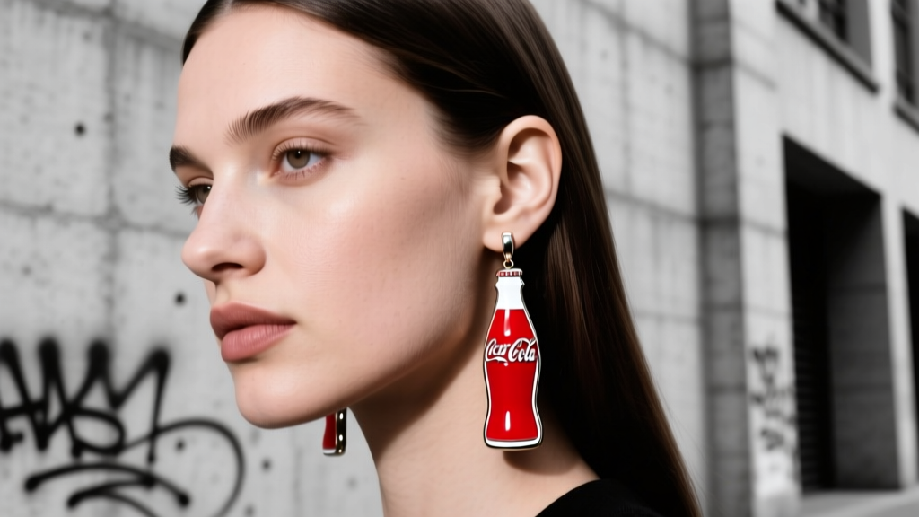 Red and white enamel Coca Cola bottle drop earrings on a model, soft studio lighting, minimalist streetwear backdrop.