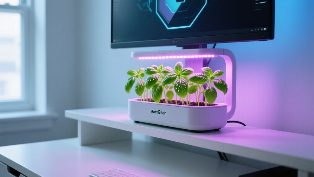 AeroGarden Sprout LED on a desk shelf above a gaming monitor, with vibrant green basil catching the purple-pink glow of the LED grow lights.