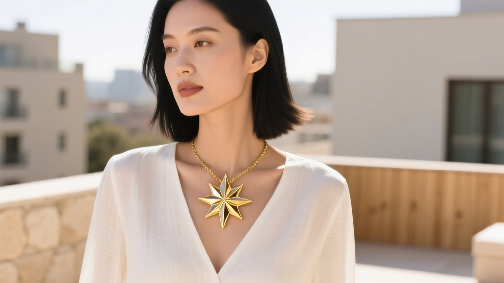 Woman wearing a gold starburst necklace over a white V-neck linen blouse, showing pendant placement in bright natural sunlight