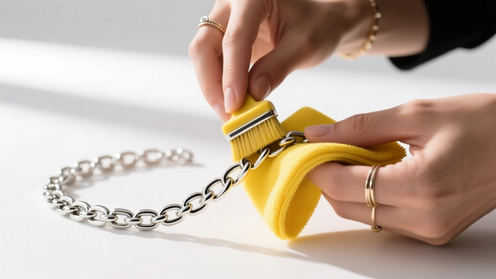 Hands using a yellow polishing cloth to buff a silver chain, revealing a bright mirror-like finish on the individual metal links