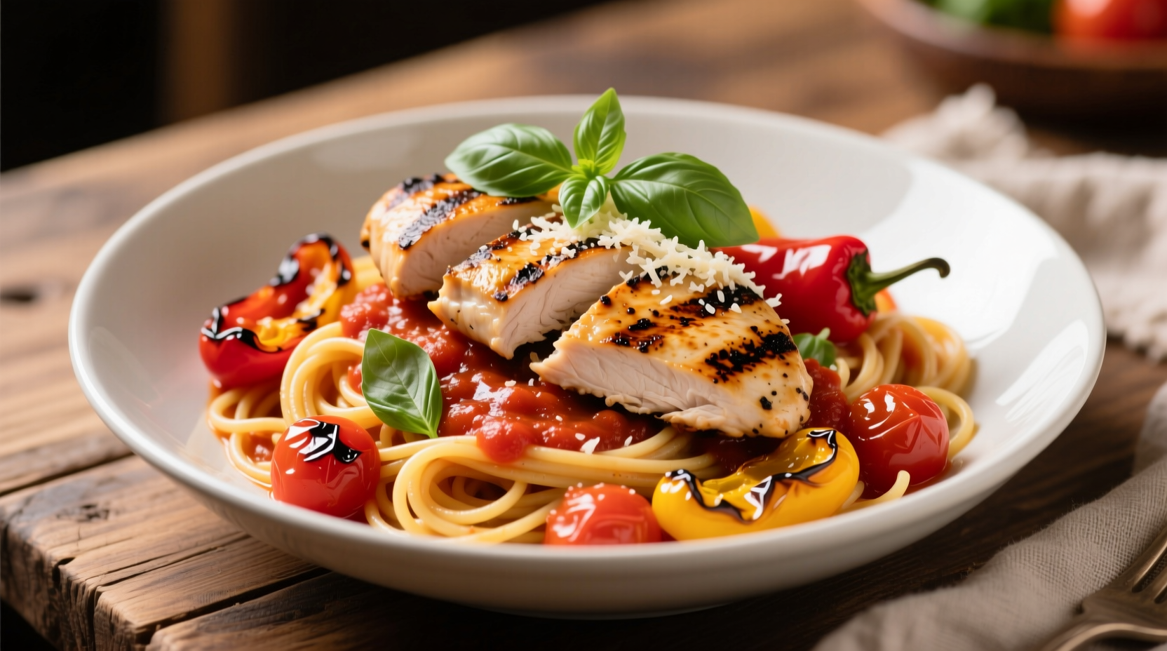 Tomato basil pasta with grilled chicken and roasted peppers