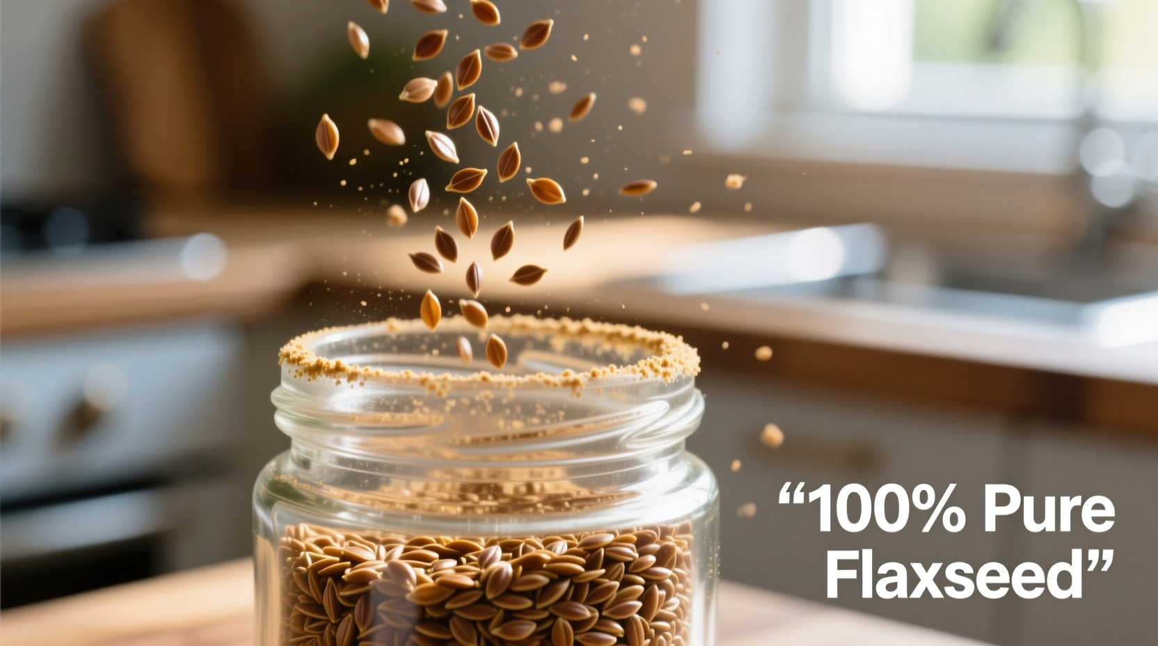 Freshly ground flaxseeds in a glass container