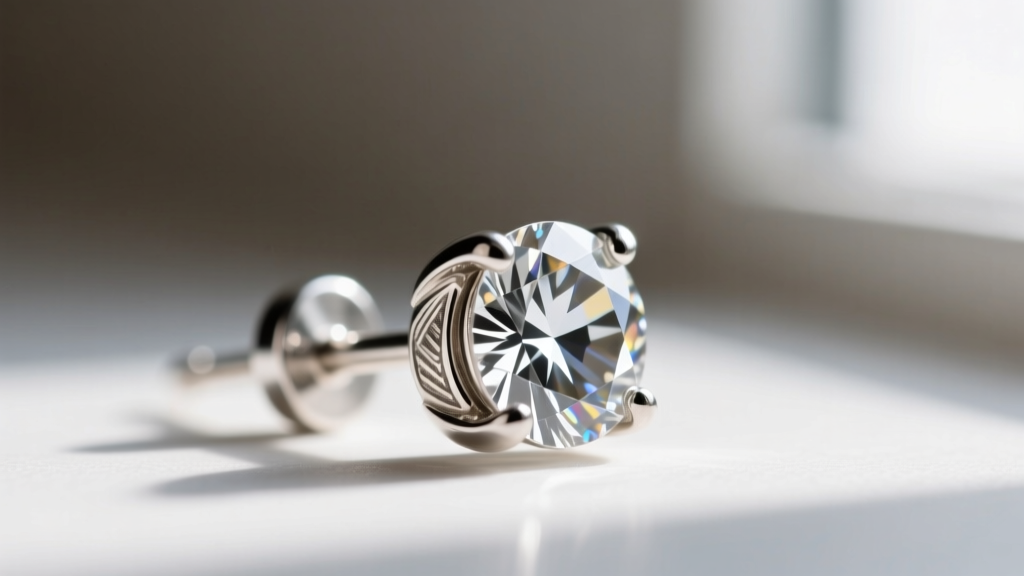Close-up of a mechanical four-prong setting securing a round Austrian crystal on a vintage 18-gauge sterling silver earring post.