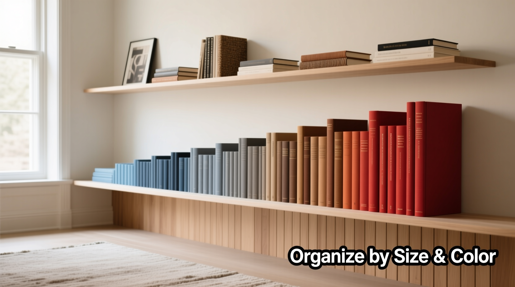how to arrange books on a shelf aesthetically by color or size