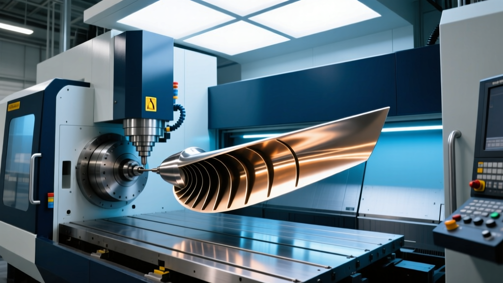 A fully enclosed 5-axis CNC milling center with a tilting trunnion table machining an aerospace titanium turbine blade