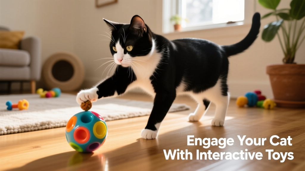 A cat batting at a treat-dispensing puzzle ball on the floor
