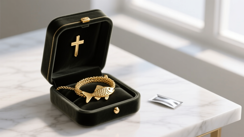 Open velvet box containing a neatly coiled 14k gold christian fish symbol necklace with a small anti-tarnish strip placed nearby.