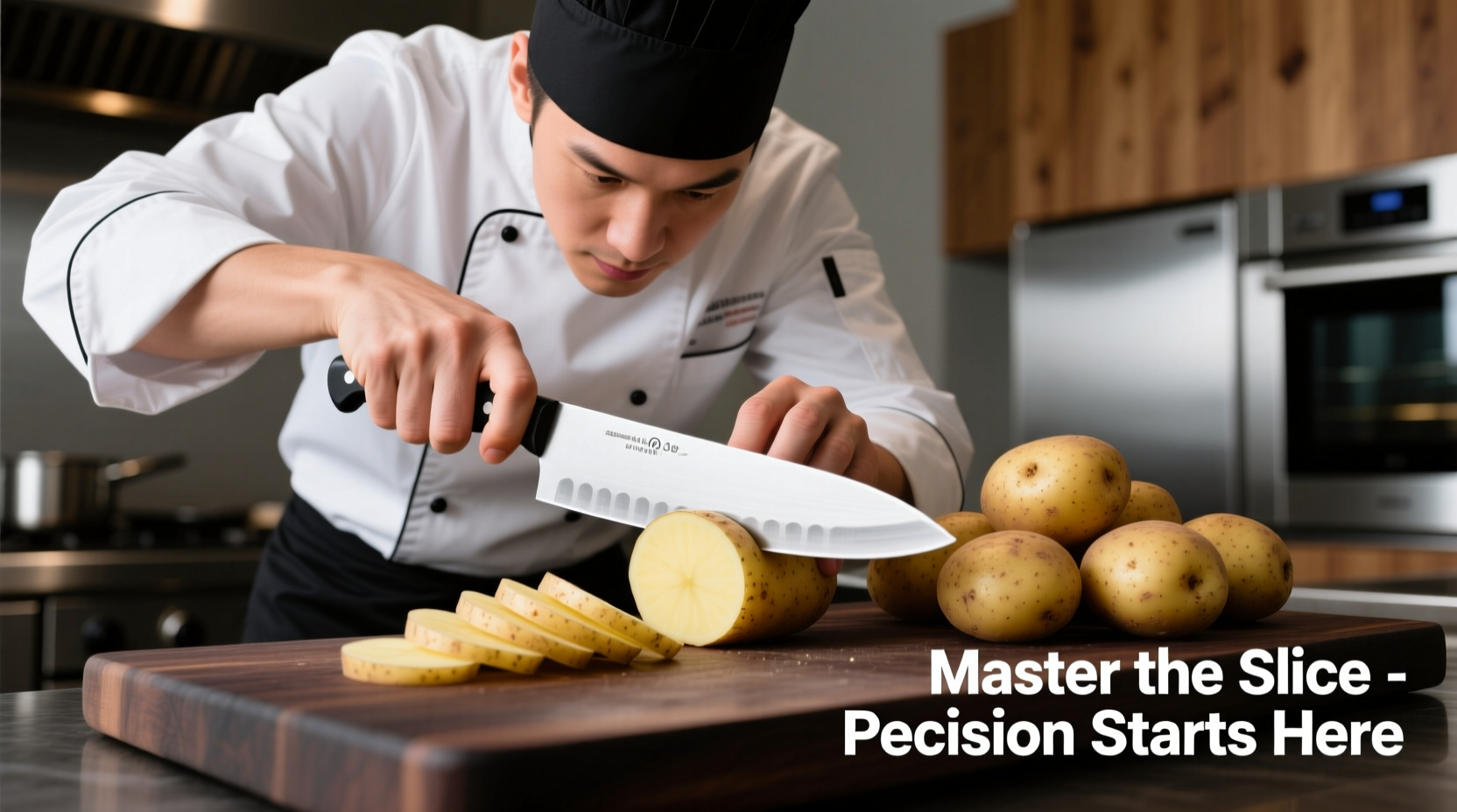 Professional chef demonstrating proper potato slicing technique with chef's knife