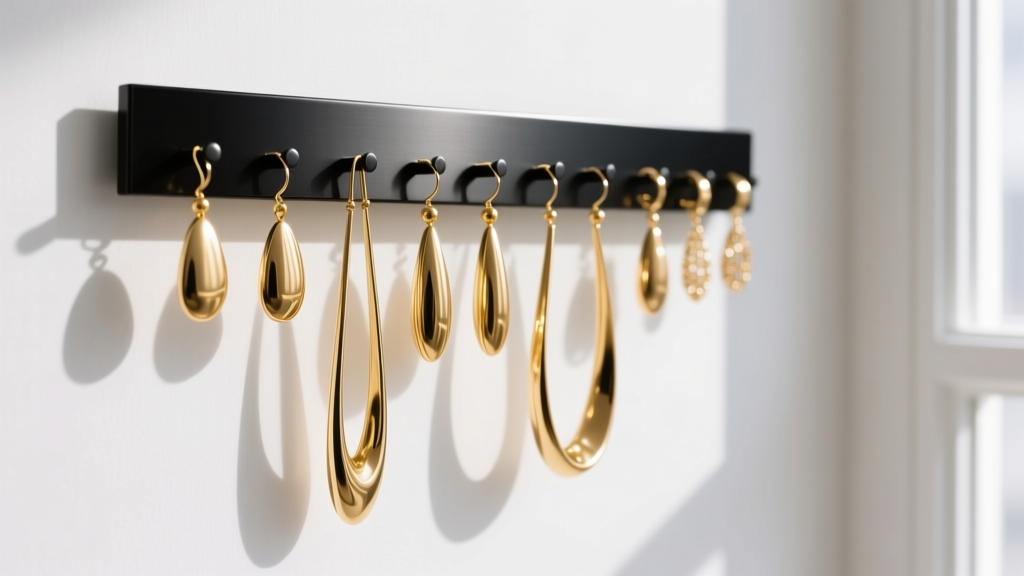 Matte black metal wall earring holder on a white wall, displaying an array of long gold dangle earrings in soft natural light.
