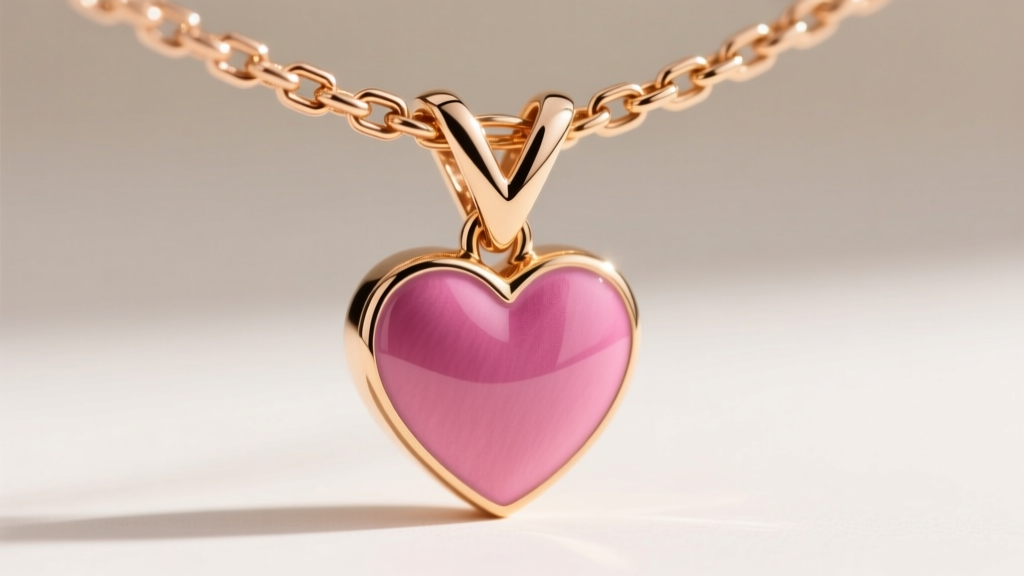 Extreme close-up of a 1.2mm 18k rose gold box chain threading through a soldered V-bail on a heavy pink enamel heart pendant