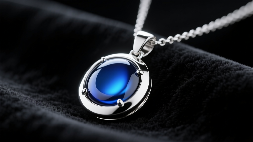 Close-up of a silver pendant mood necklace on dark velvet, showing a vibrant deep blue thermochromic center under soft lighting.