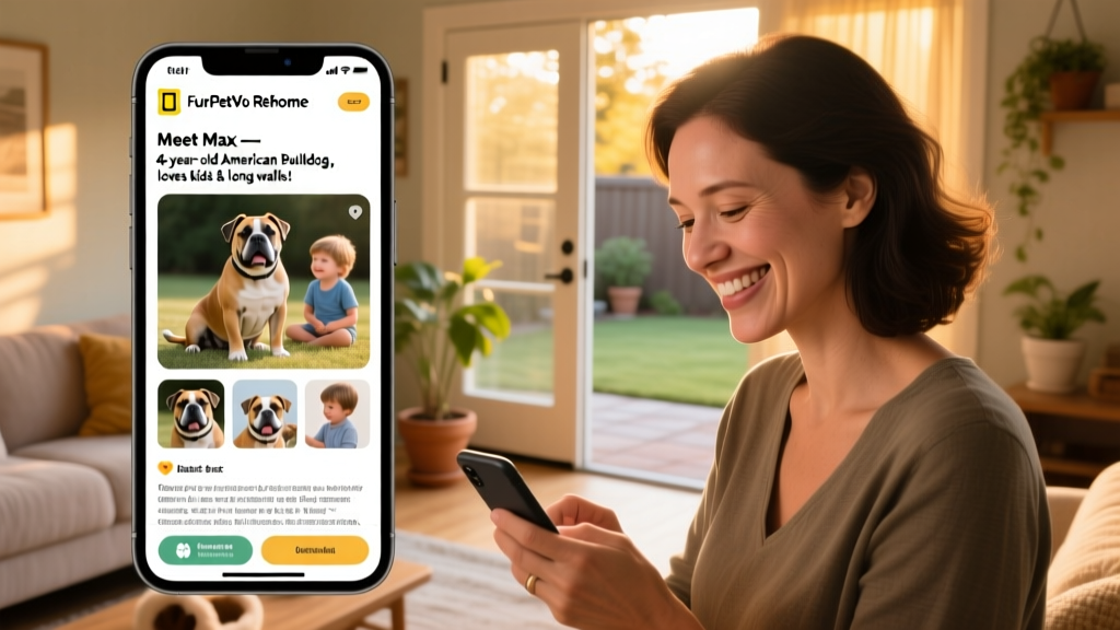 Person smiling while scrolling through a mobile-friendly FurPetVo Rehome profile page showing dog photos and bio