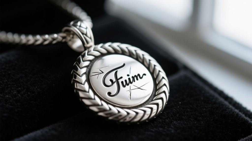 Macro shot of a silversmith hallmark stamped on a sterling silver naja pendant, showing oxidized detailing and tool marks.