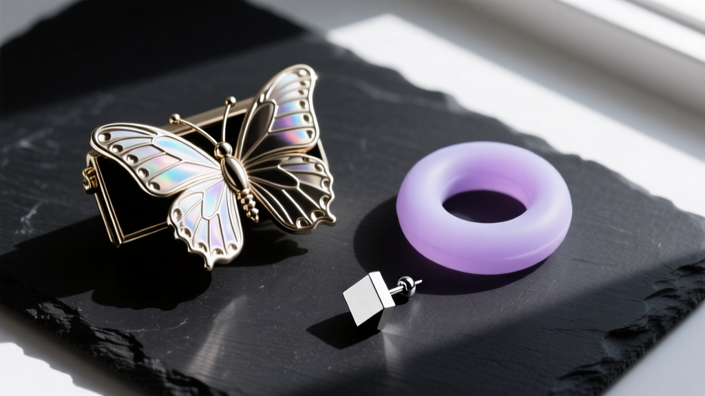 Top-down view of a butterfly clutch, a silicone O-ring, and a flat-back labret earring resting on a dark slate surface.