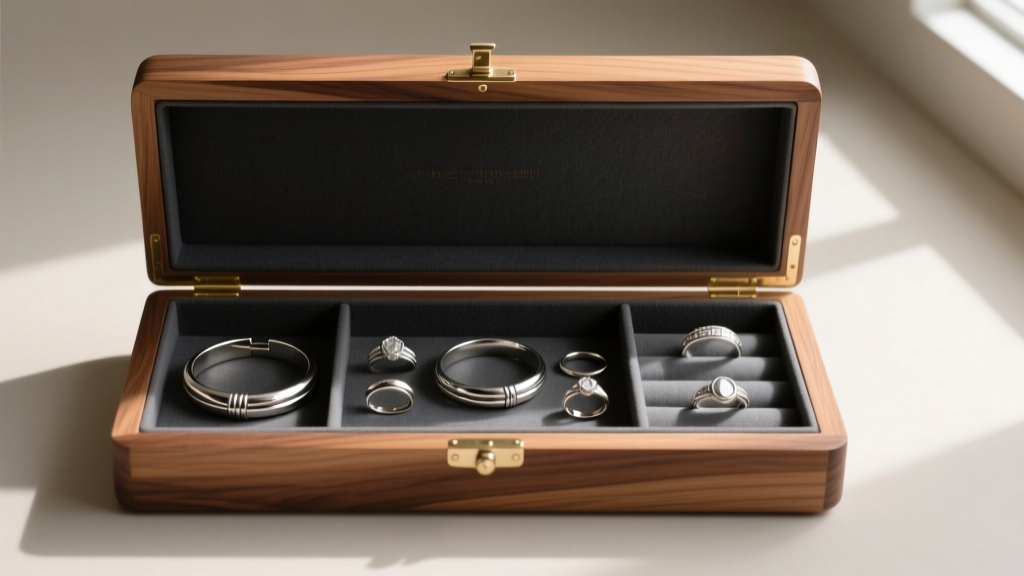 A neatly organized cedar wood jewelry box lined with dark gray anti-tarnish cloth, holding polished silver bracelets and rings