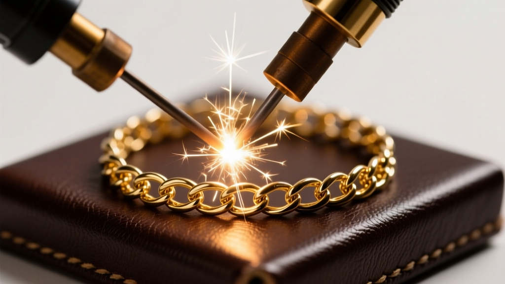 Close-up of a DIY micro TIG welder creating a bright spark on a delicate 14k gold chain bracelet on a dark leather bench block