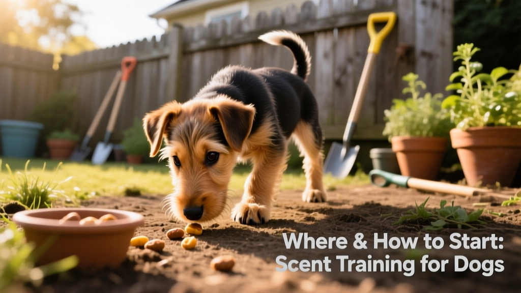 Airedale Terrier puppy playing scent work game