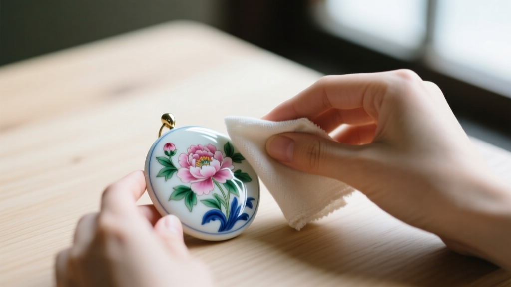 Hands gently wiping a floral hand-painted porcelain pendant with a dry microfiber cloth on a clean wooden tabletop surface.