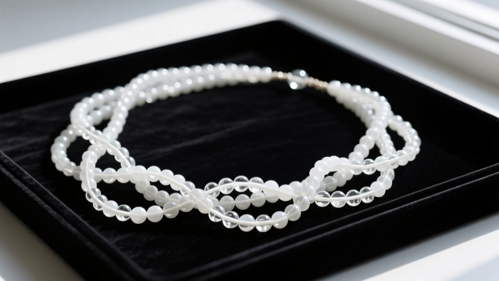 Close-up of a tangled 40-inch white glass beaded necklace long rope draped over a dark velvet jewelry tray, soft moody lighting.